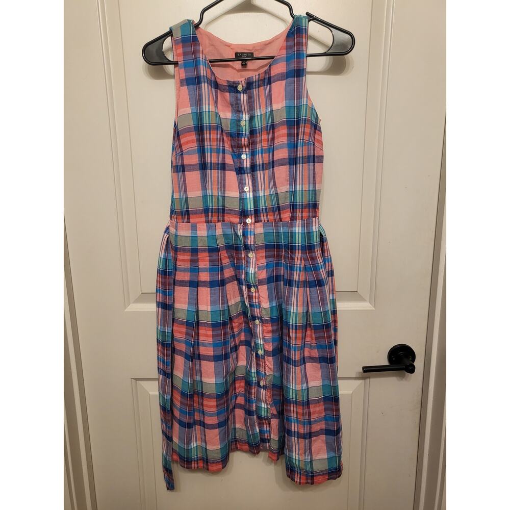 TALBOTS Pink Blue Madras Plaid Button Front Shirtdress Dress Sz 2